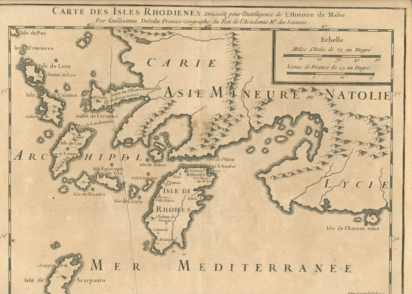 estampe Carte géographique Isles Rhodiennes Grèce Guillaume Delisle 1726
