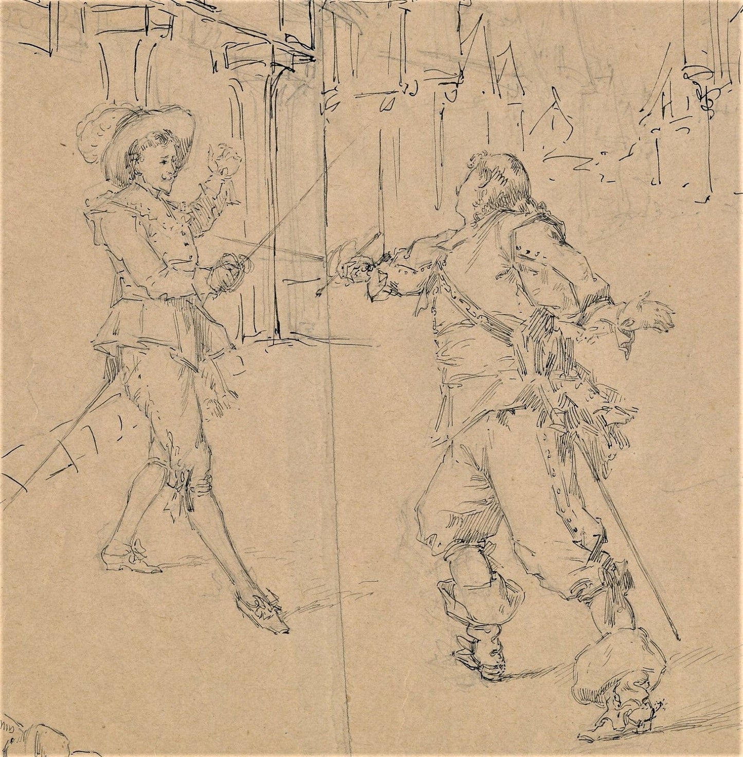 Très beau Dessin à l’encre, XIXe siècle. Mousquetaires illustration Dumas