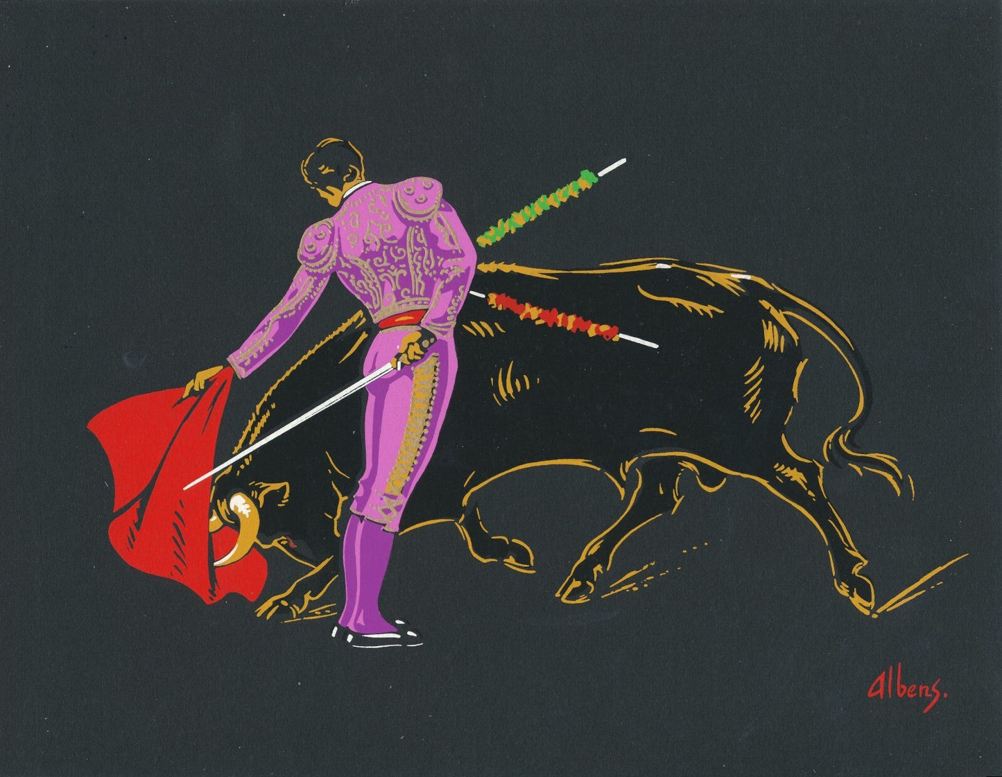 Suite de 4 belles gouaches tauromachie corrida attribution Benjamin Sarraillon