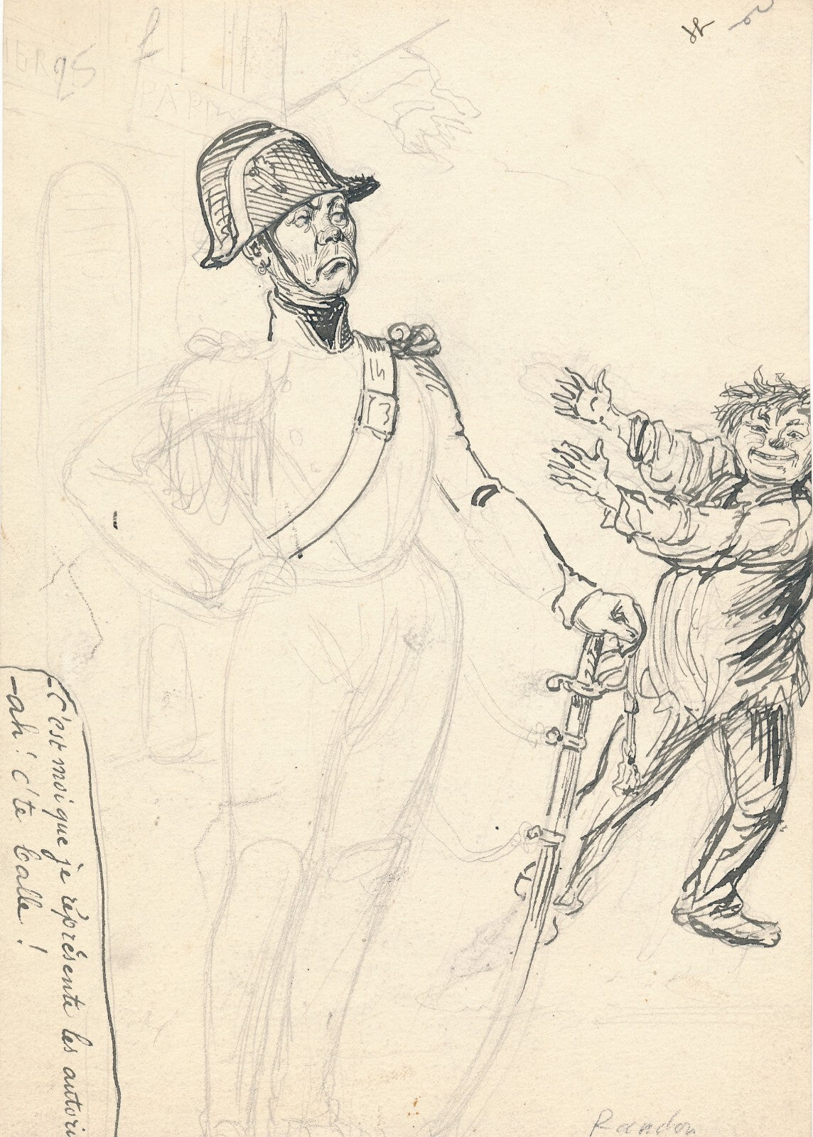 dessin Gilbert RANDON signé caricature crayon république contre empire soldat