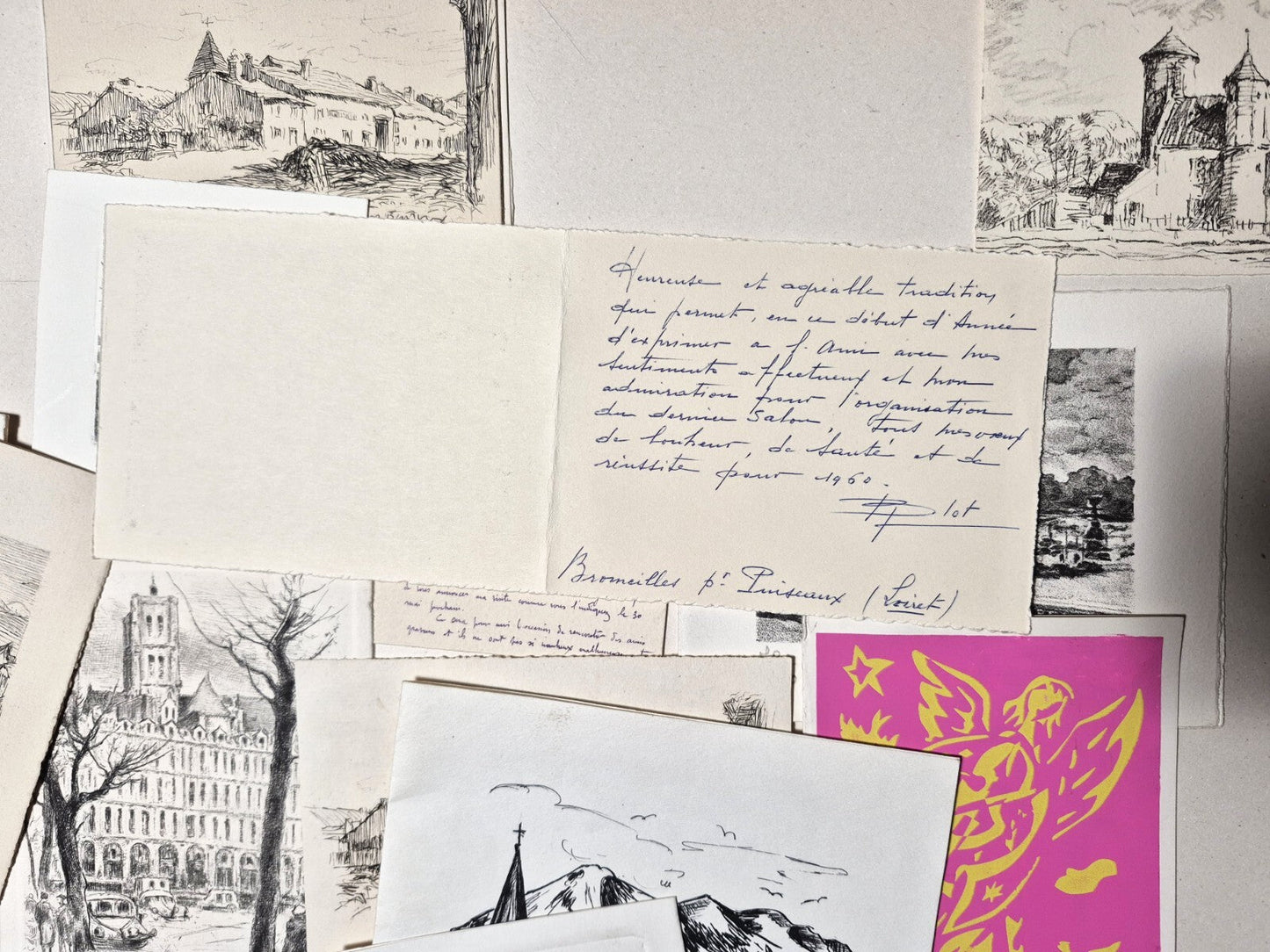 21 cartes vœux gravures plupart signées lithographies envois autographes