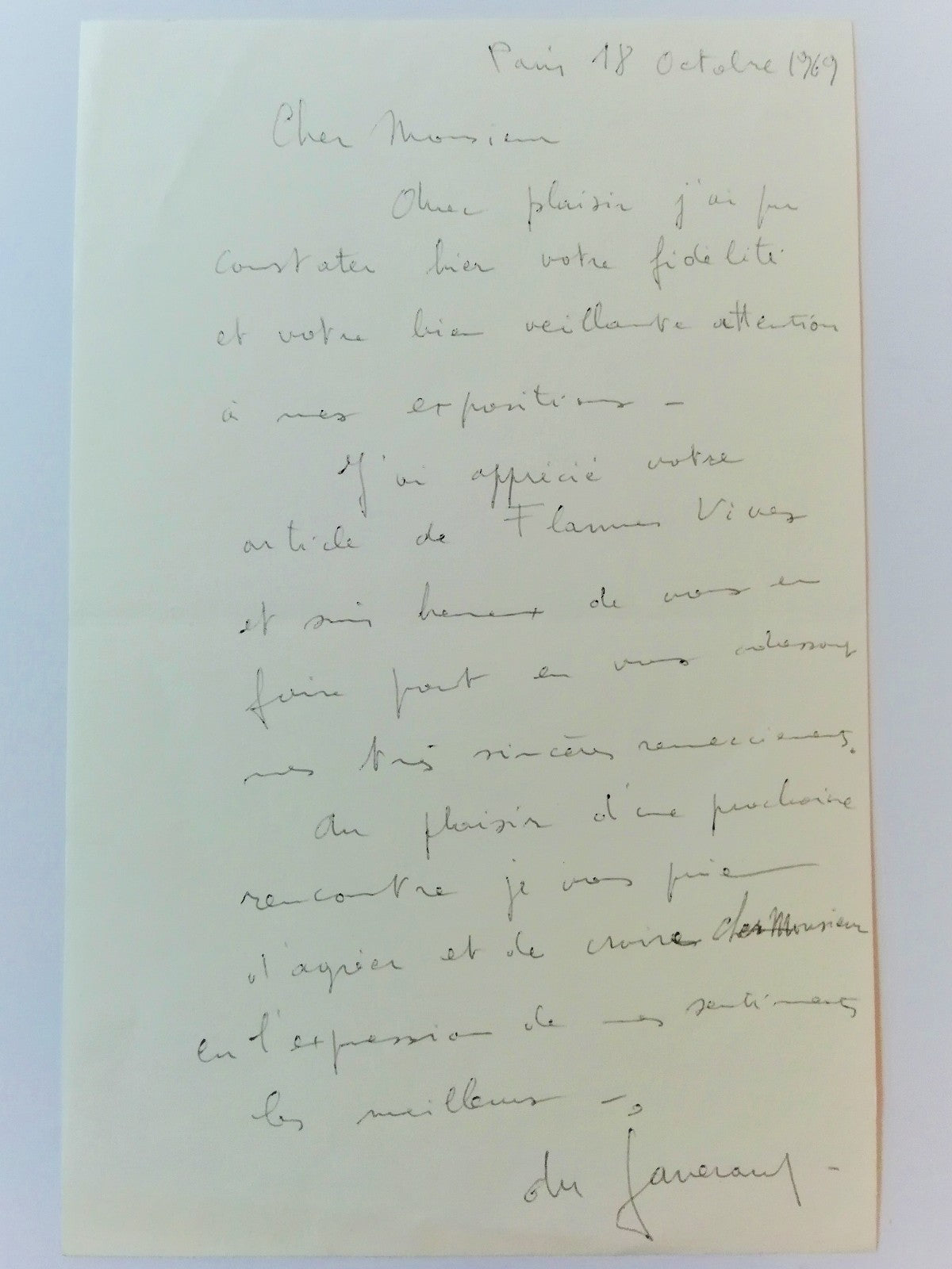 Daniel du Janerand dessin original signé et lettre autographe signée