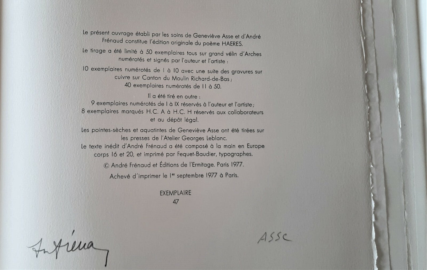 Geneviève ASSE André FRENAUD livre Haeres 8 gravures poèmes 1977