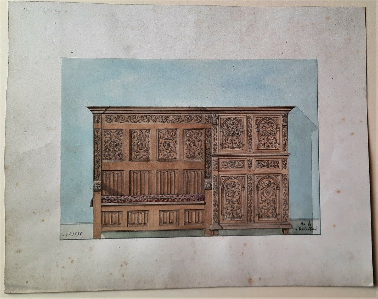 Deux projets mobiliers 1925 bahut banquette bibliothèque gouache Facq Hilst