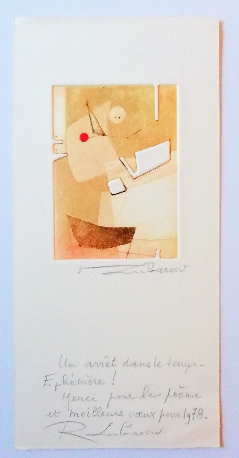 Renée Lubarow (1923), gravure originale signée avec envoi autographe 1978