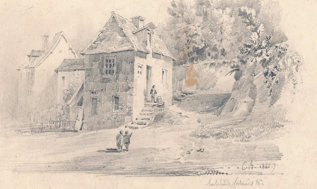 dessin crayon hameau paysage nature 1844 signé