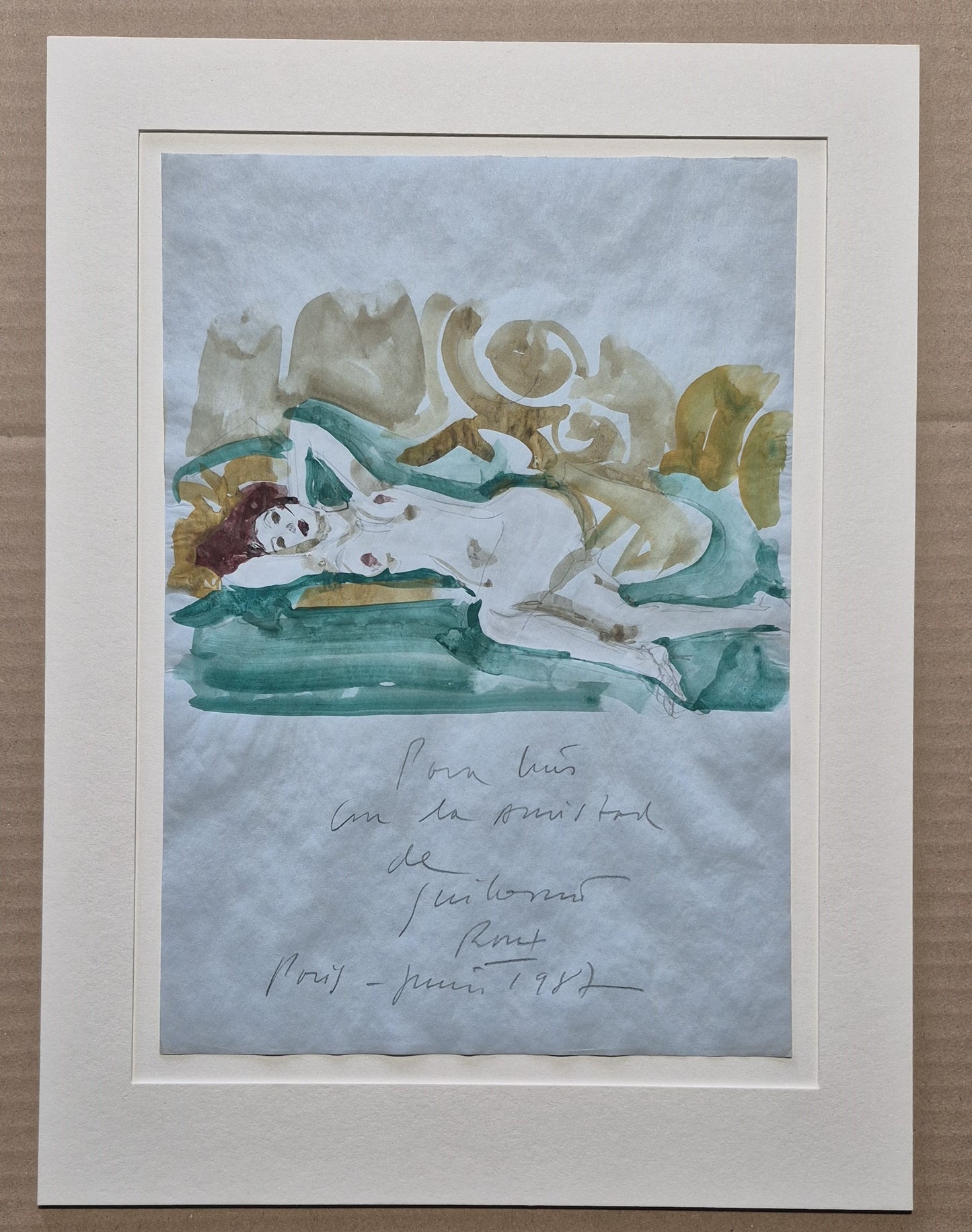 Guillermo ROUX aquarelle signée datée dédicacée femme allongée