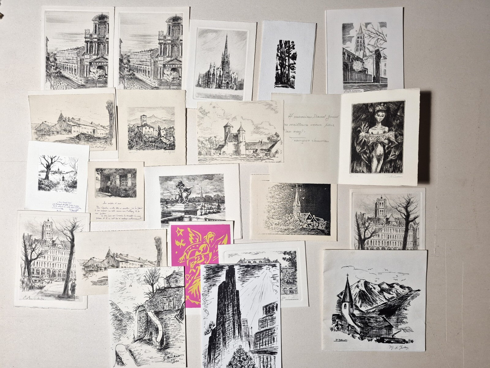 21 cartes vœux gravures plupart signées lithographies envois autographes