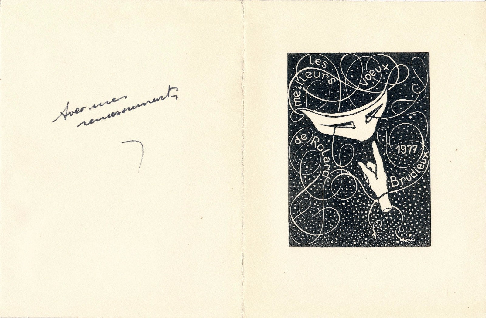 3 gravure sur bois Roland Brudieux voeux signé dans la planche