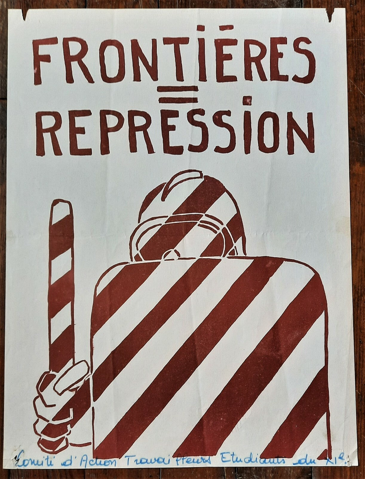 Affiche Mai 1968 « Frontières = répression » sérigraphie pochoir