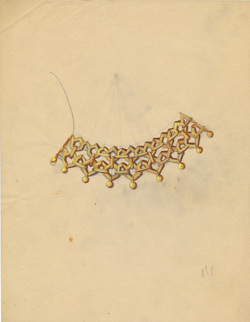 Dessins de gouaches de bijoux : bagues, broche, colliers, années 1940 6 dessins