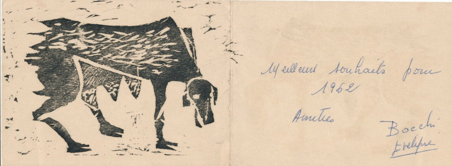 Evariste BOCCHI estampe originale bois gravé louve carte de voeux 1962