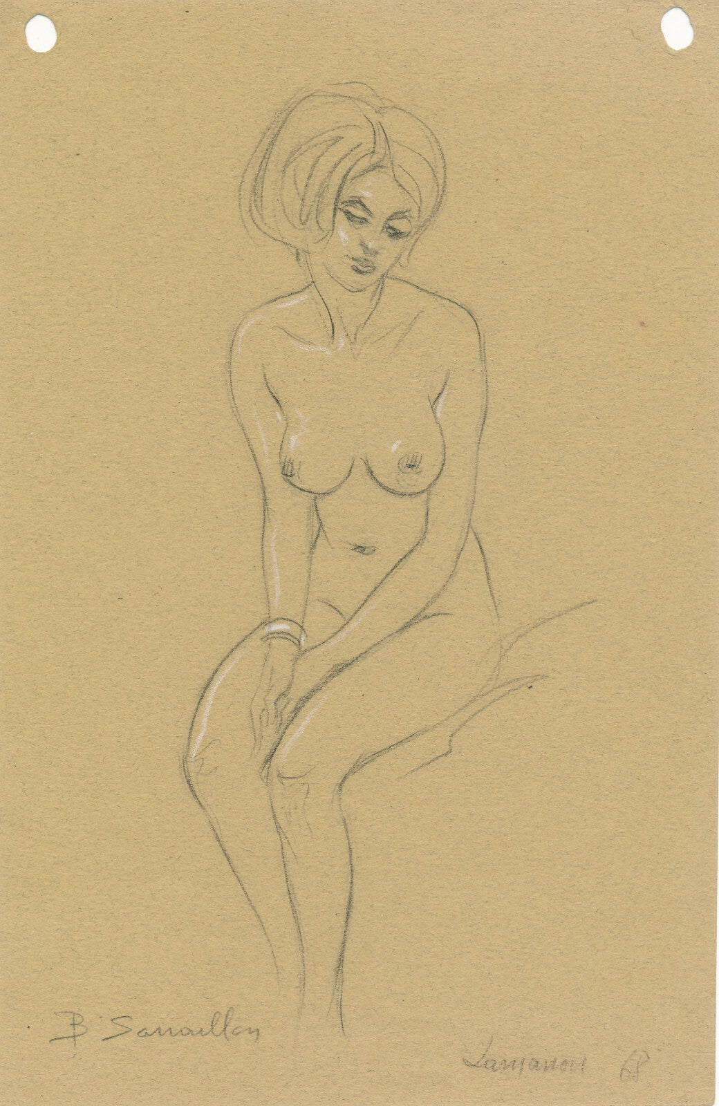 3 dessins Benjamin SARRAILLON étude de nu crayon 1968