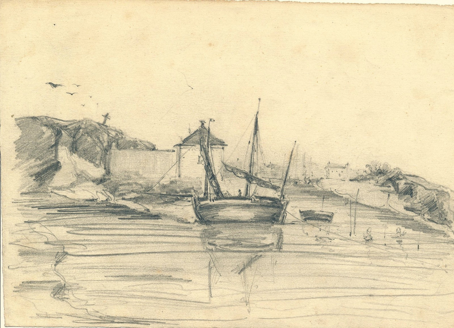 dessin Marine bateau barque signé anonyme v. 1840-1860 