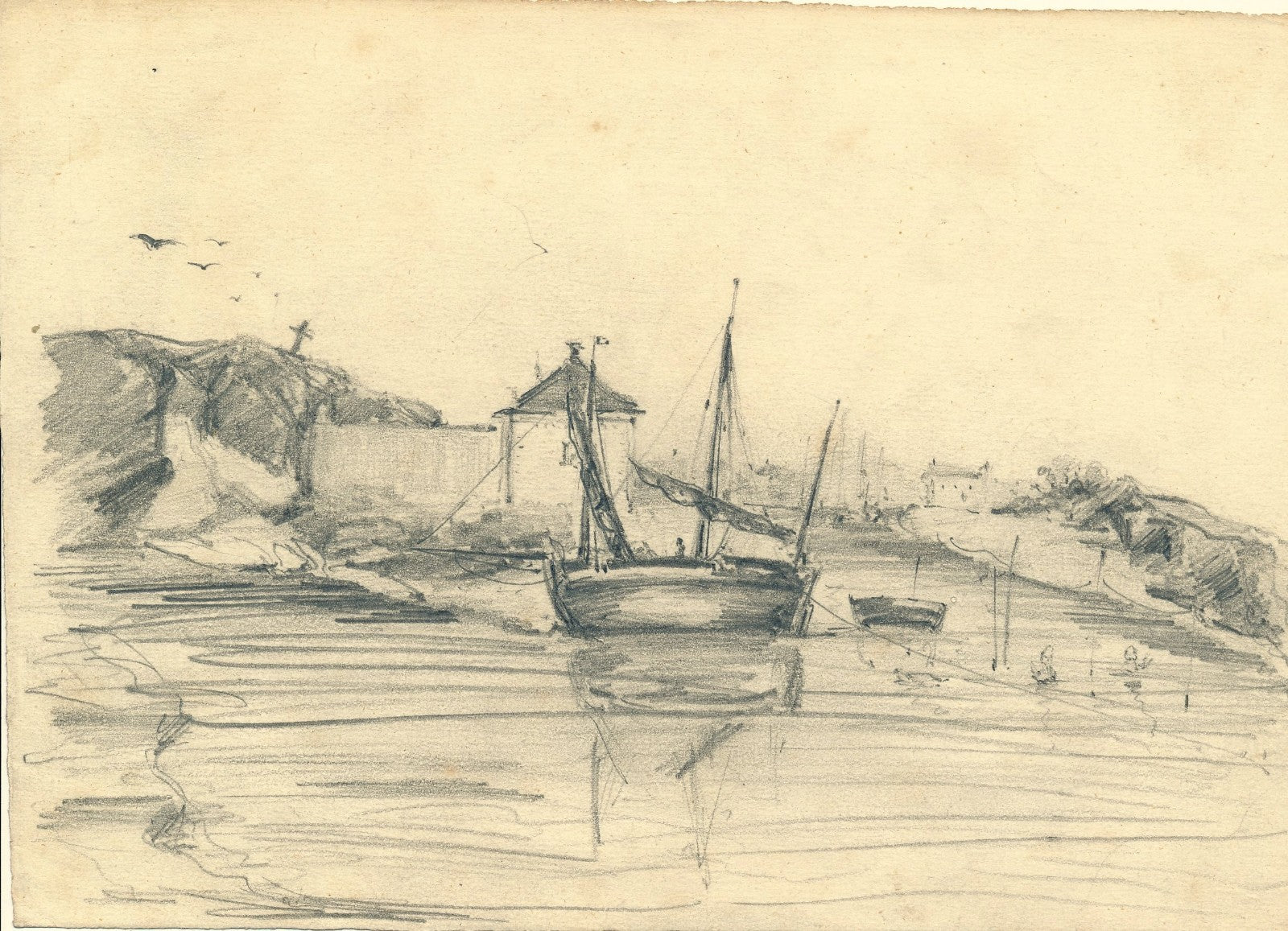dessin Marine bateau barque signé anonyme v. 1840-1860 