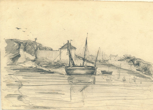 dessin Marine bateau barque signé anonyme v. 1840-1860 
