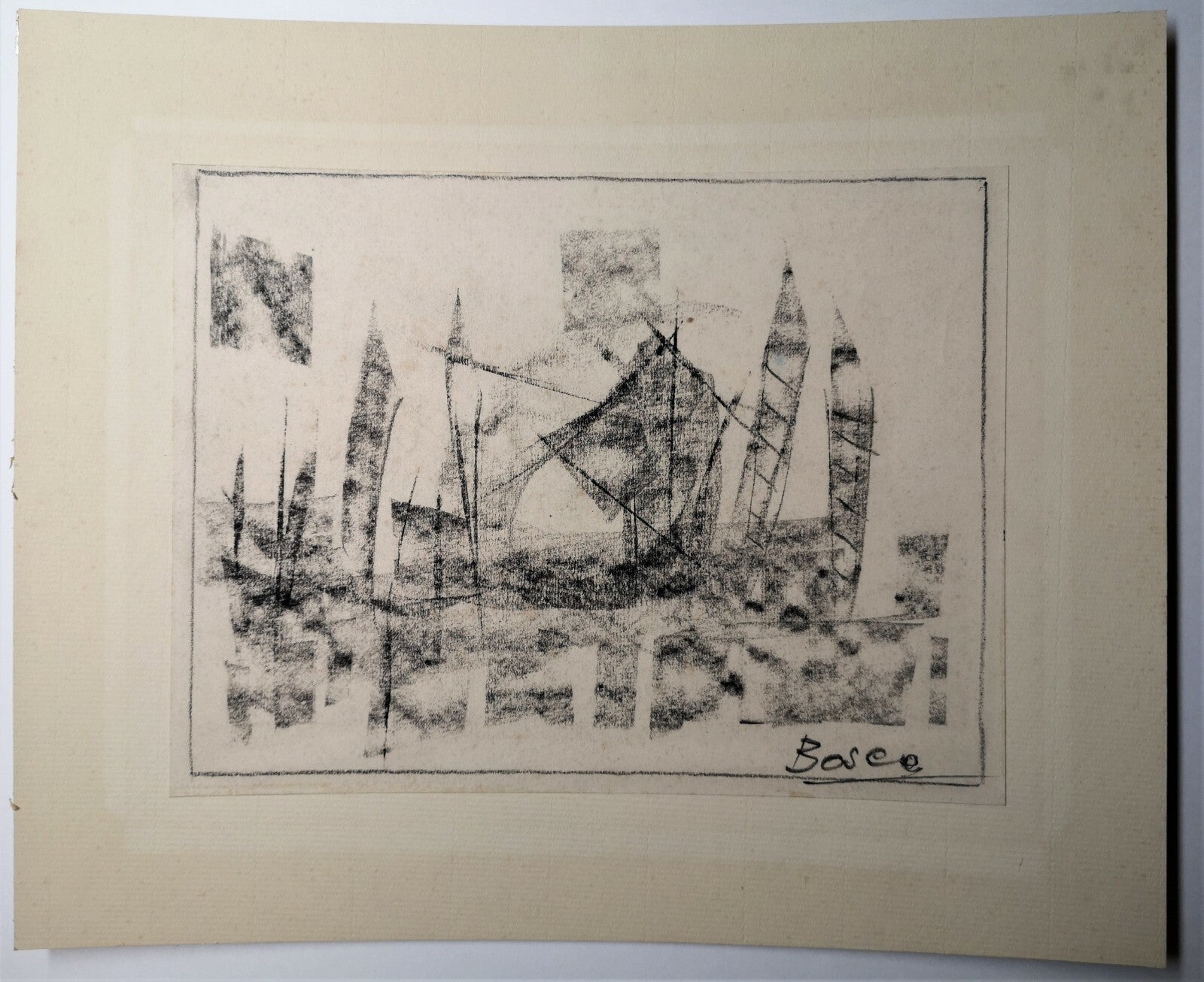 Pierre Bosco lithographie noir et blanc signée dans la planche marine bateaux