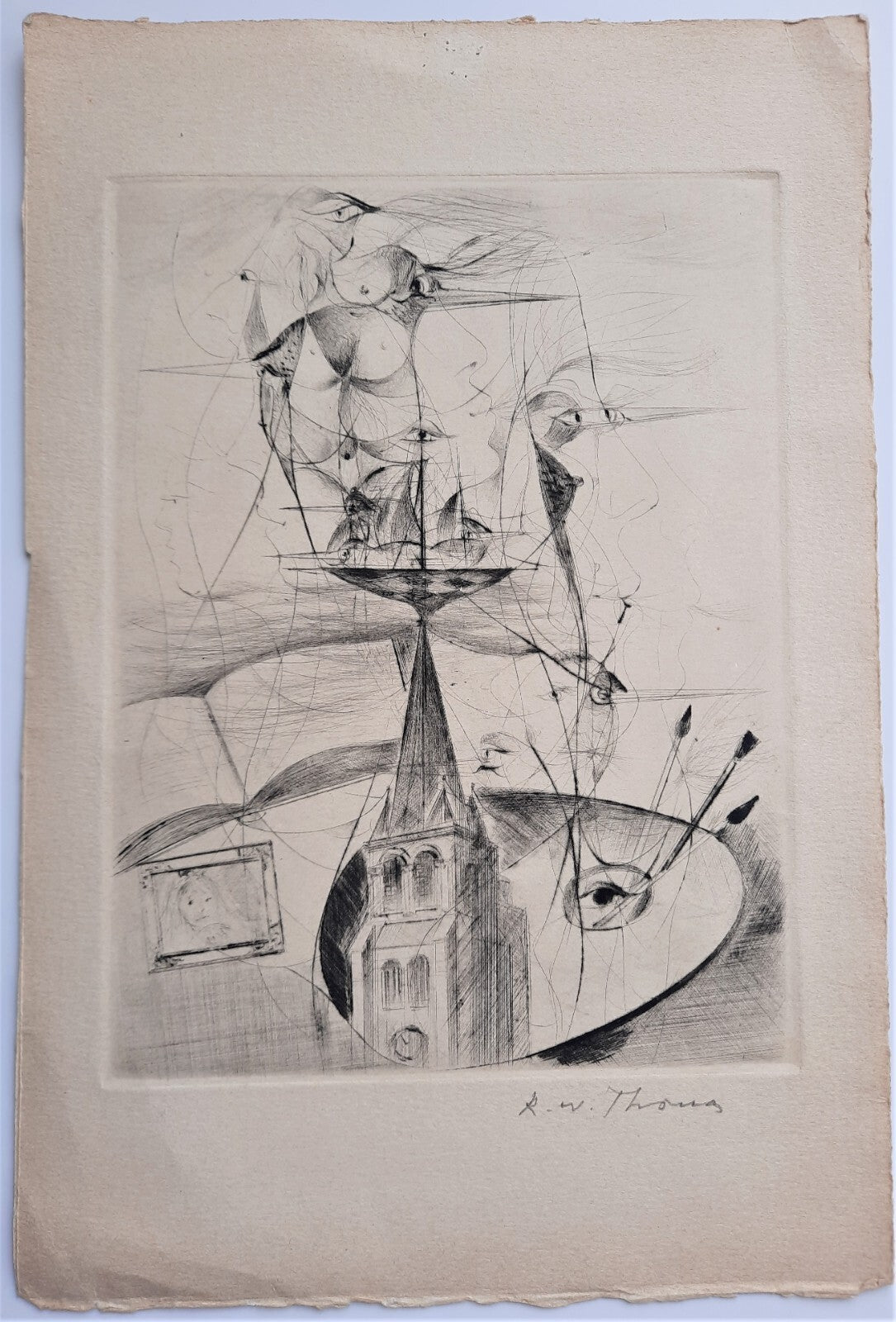 René Williams THOMAS Gravure pointe-sèche et eau-forte signée symbolique