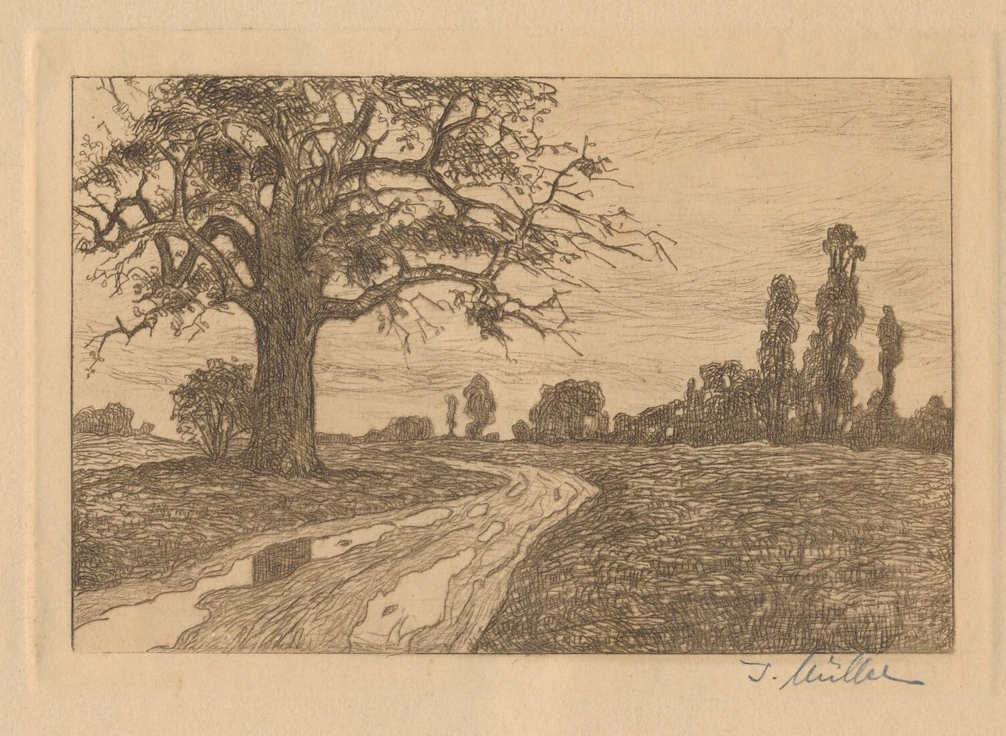 J. MÜLLER graveur suisse gravure signée Bâle Bruderholz XXe siècle