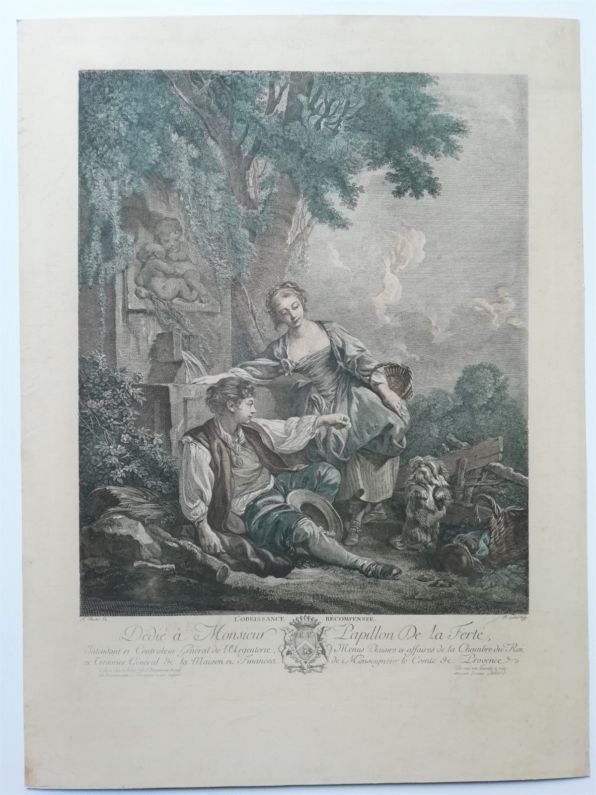gravure René Gaillard Obéissance récompensée d’après Boucher rehaut couleur