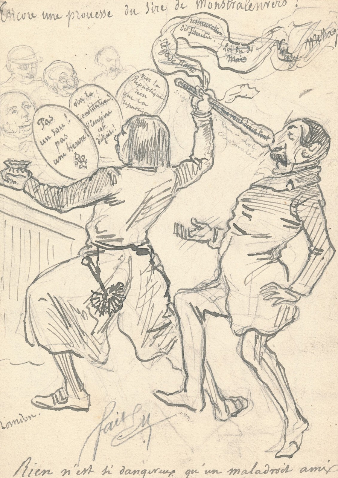 dessin Gilbert RANDON signé caricature crayon république contre empire soldat