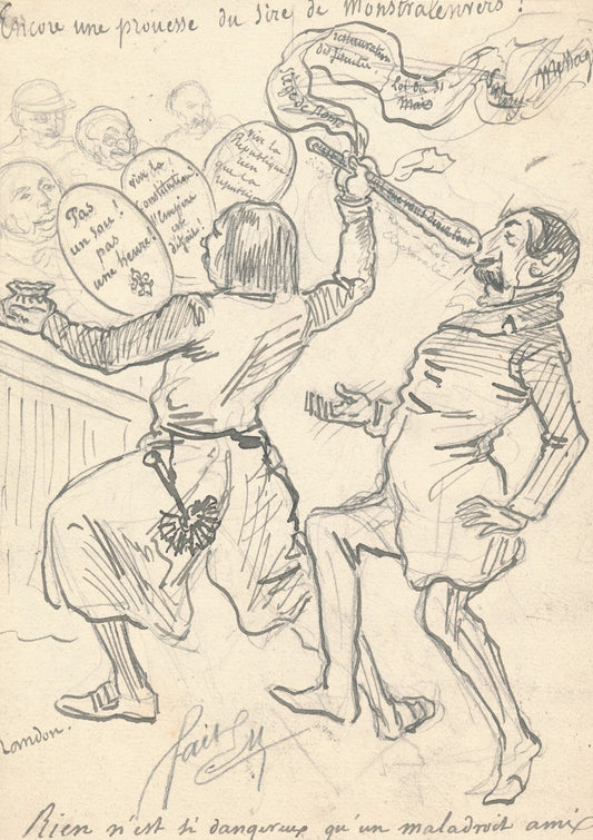 dessin Gilbert RANDON signé caricature crayon république contre empire soldat