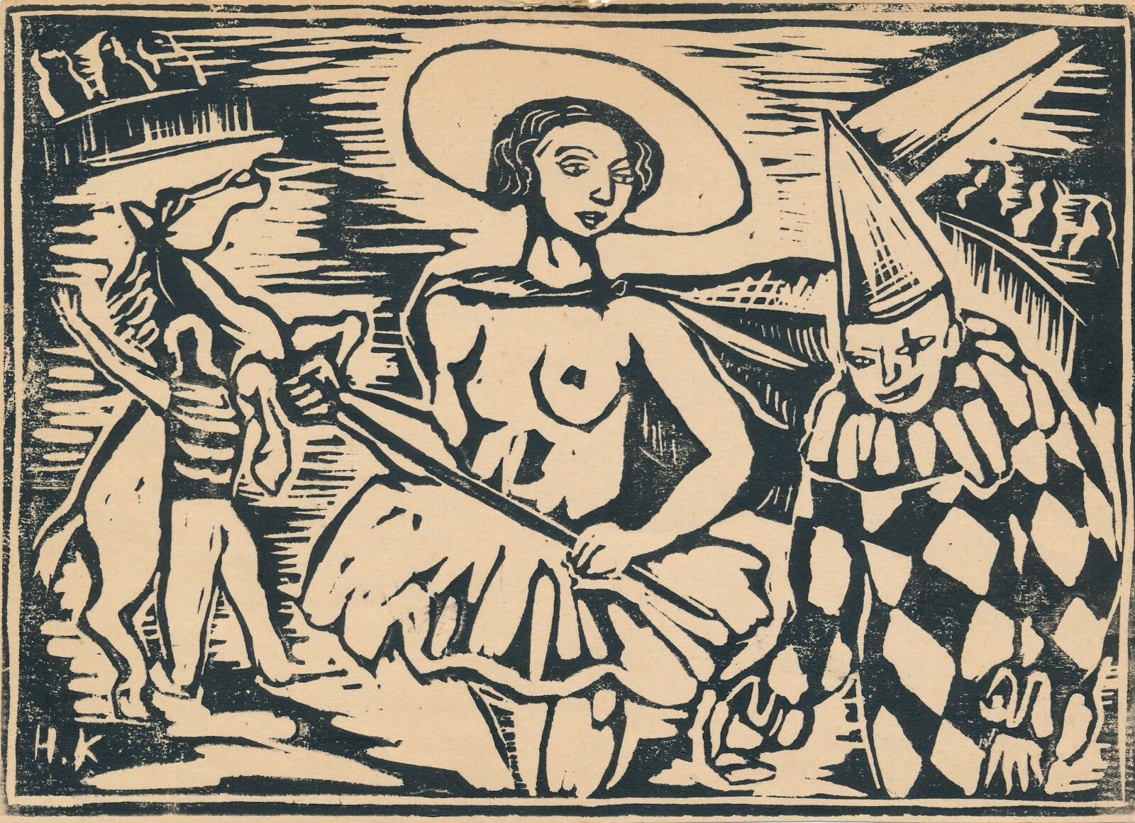 Gravure originale sur bois signée H. K. cirque femme cheval expressionnisme