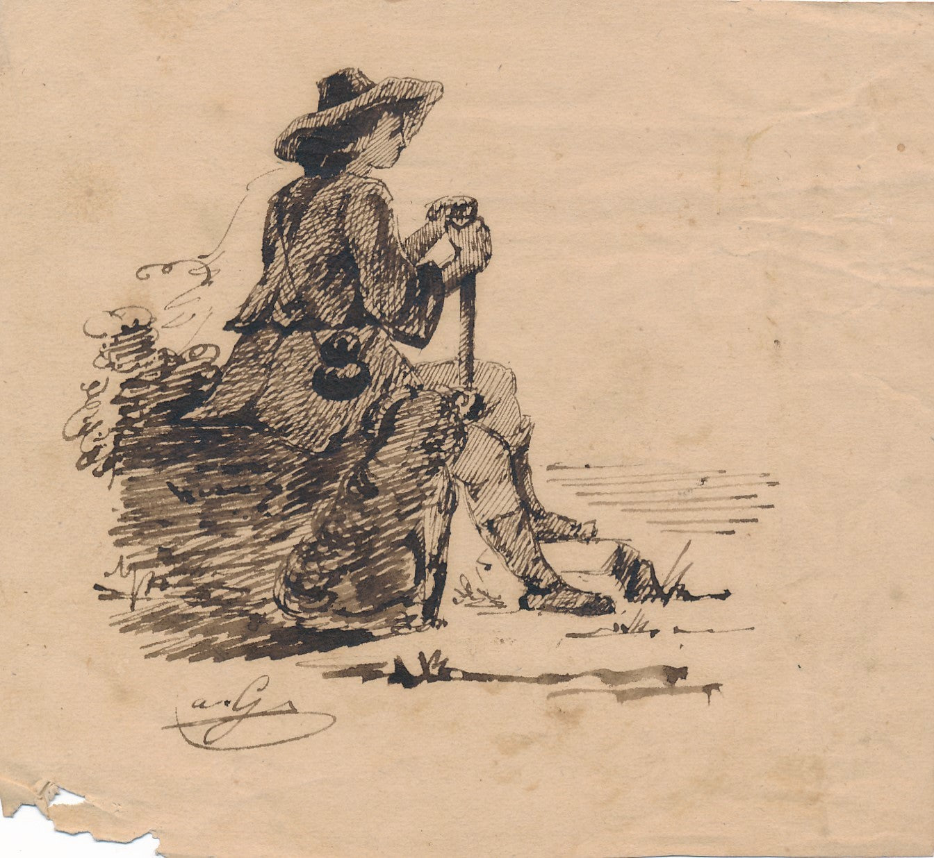 Dessin d’un berger promeneur signature non identifié encre XIXe siècle