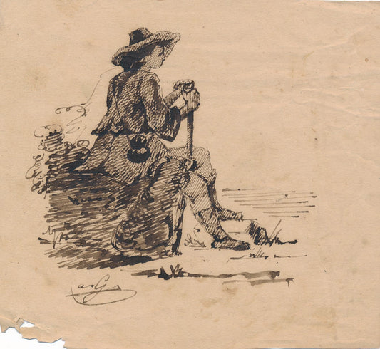Dessin d’un berger promeneur signature non identifié encre XIXe siècle