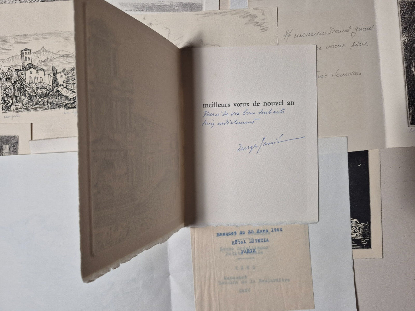 21 cartes vœux gravures plupart signées lithographies envois autographes