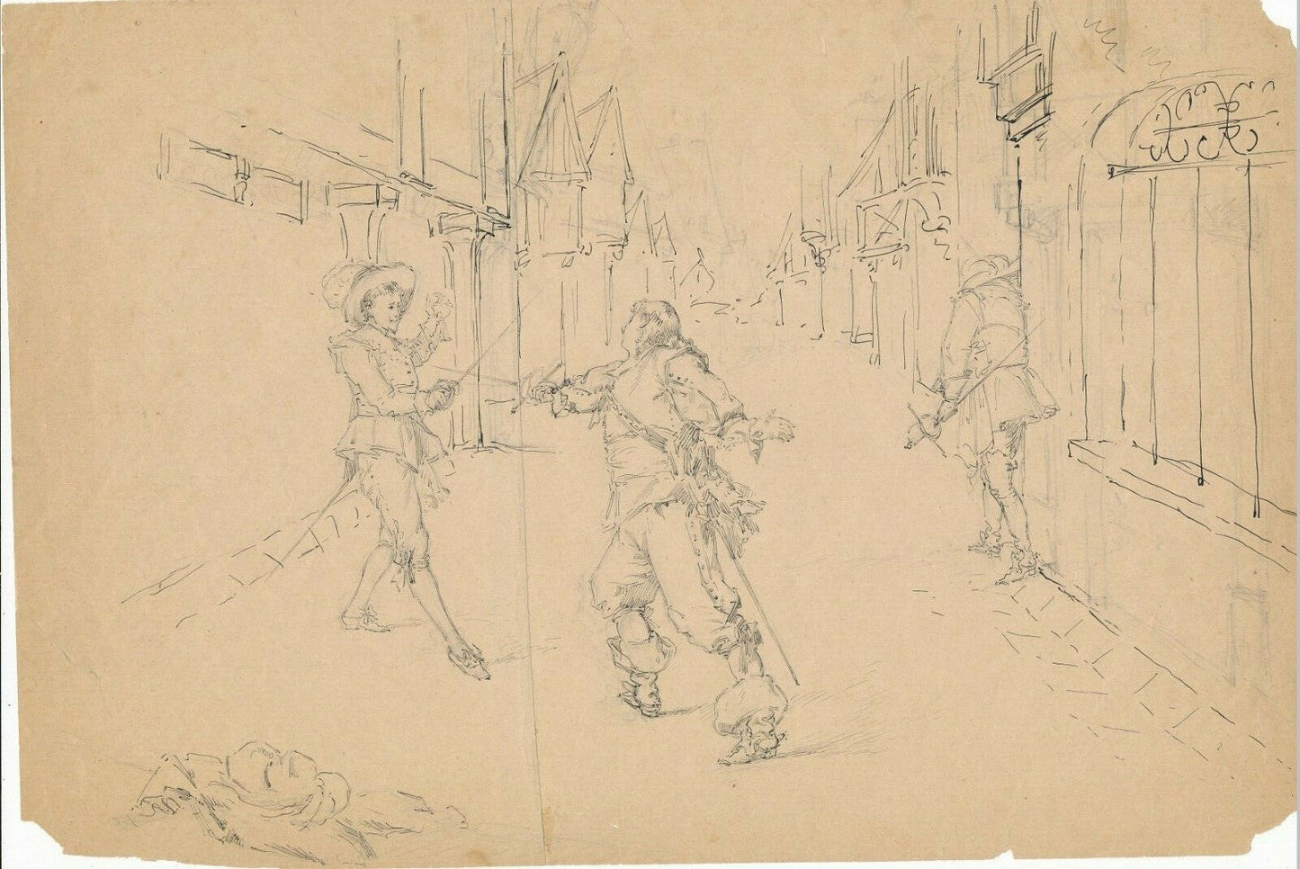 Très beau  Dessin à l’encre, XIXe siècle. Mousquetaires illustration Dumas