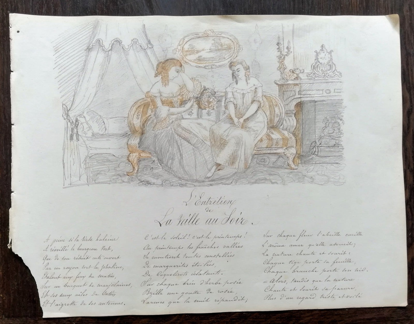 manuscrit entretien fiancée veille illustration dessin milieu du XIXe siècle 