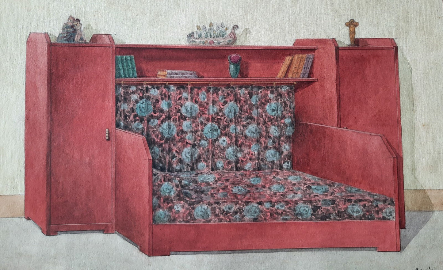 Deux projets mobiliers 1925 bahut banquette bibliothèque gouache Facq Hilst 