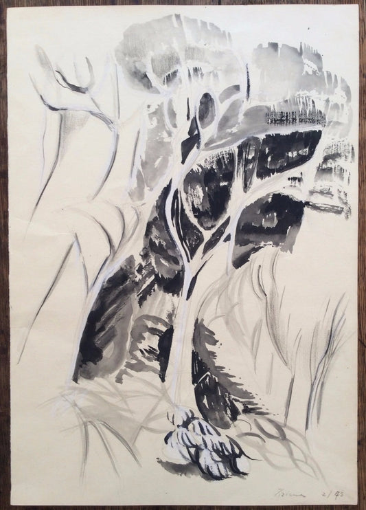 dessin encre gouache Tiziana, artiste italienne, active vers 1970 Paysage