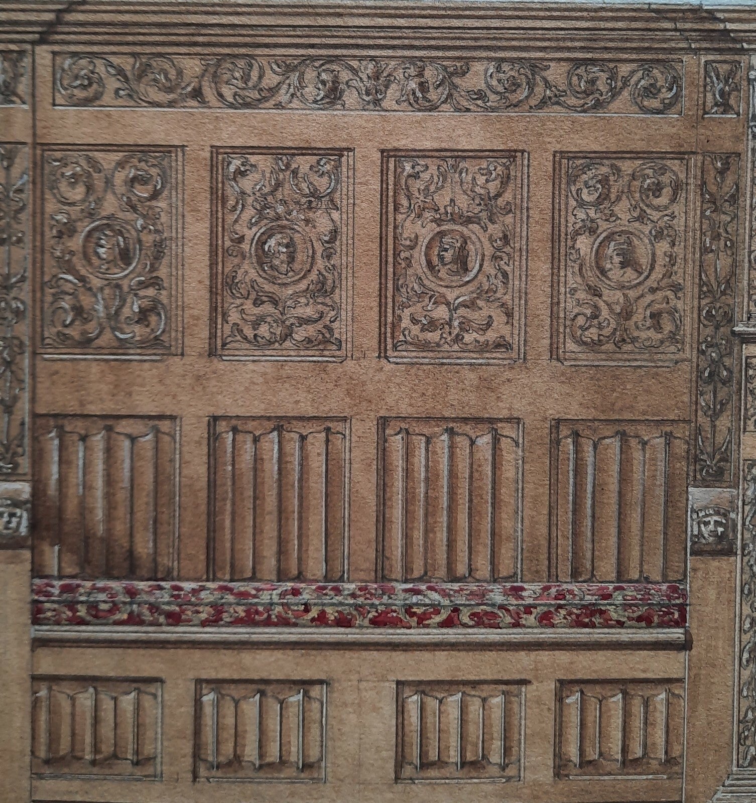 Deux projets mobiliers 1925 bahut banquette bibliothèque gouache Facq Hilst 