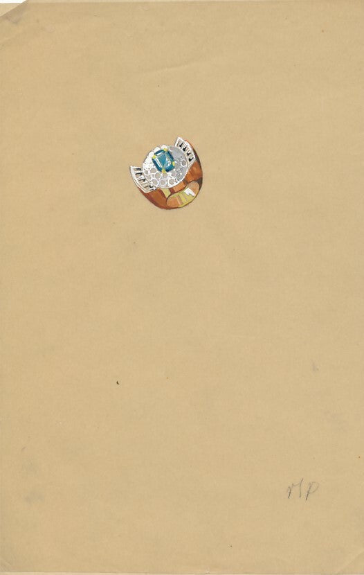 Dessins de gouaches de bijoux : bagues, broche, colliers, années 1940 6 dessins