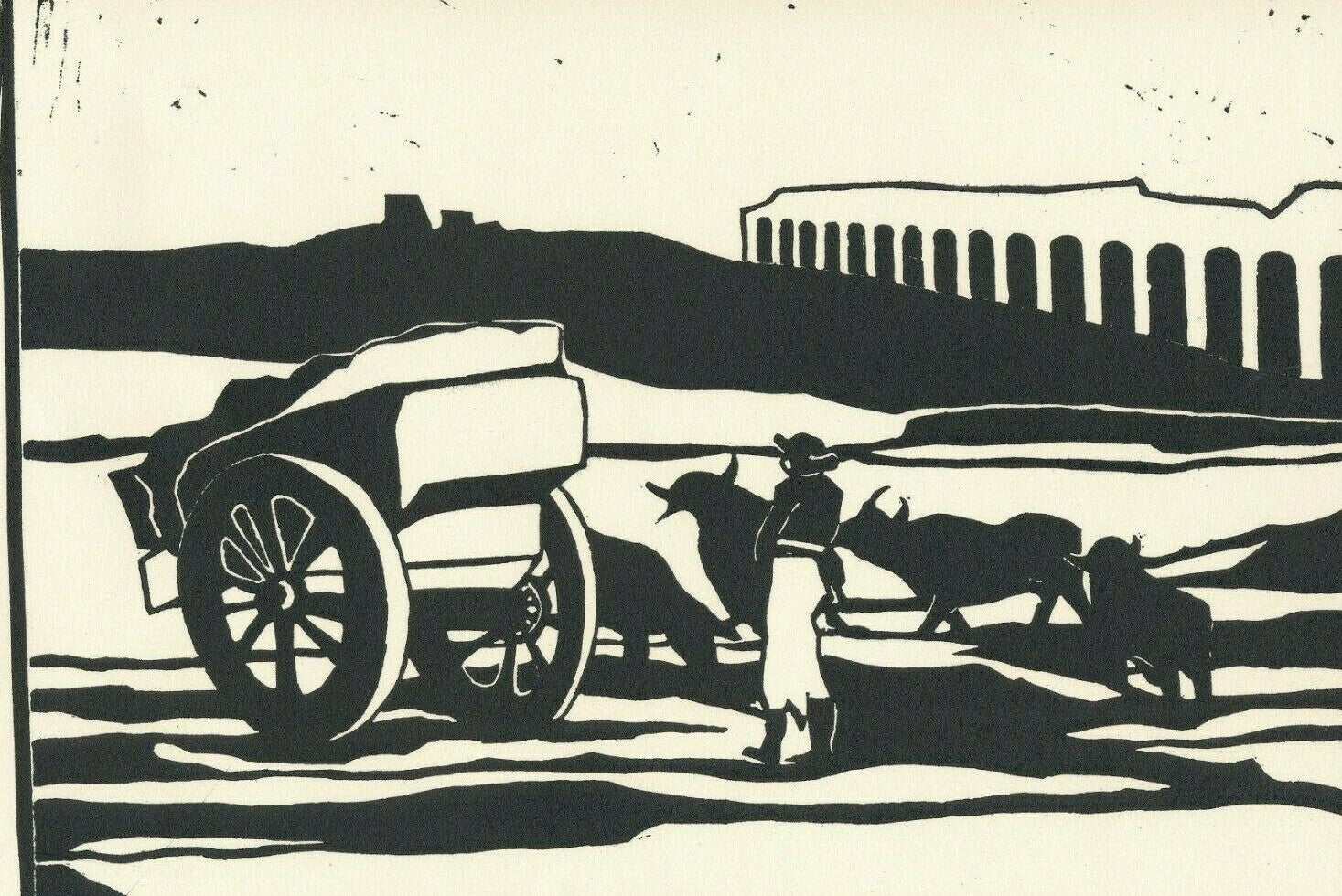 Gravure originale sur bois xilographie Luce Lean signée paysan carriole boeufs