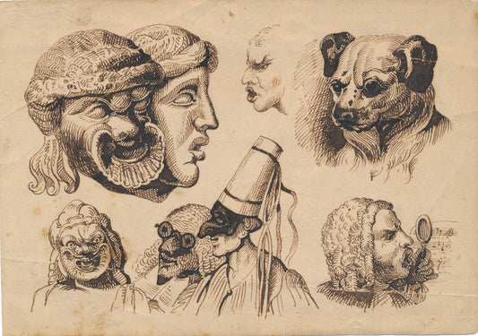études de masques d'après l'antique dessin original ancien fin XVIIIe chien
