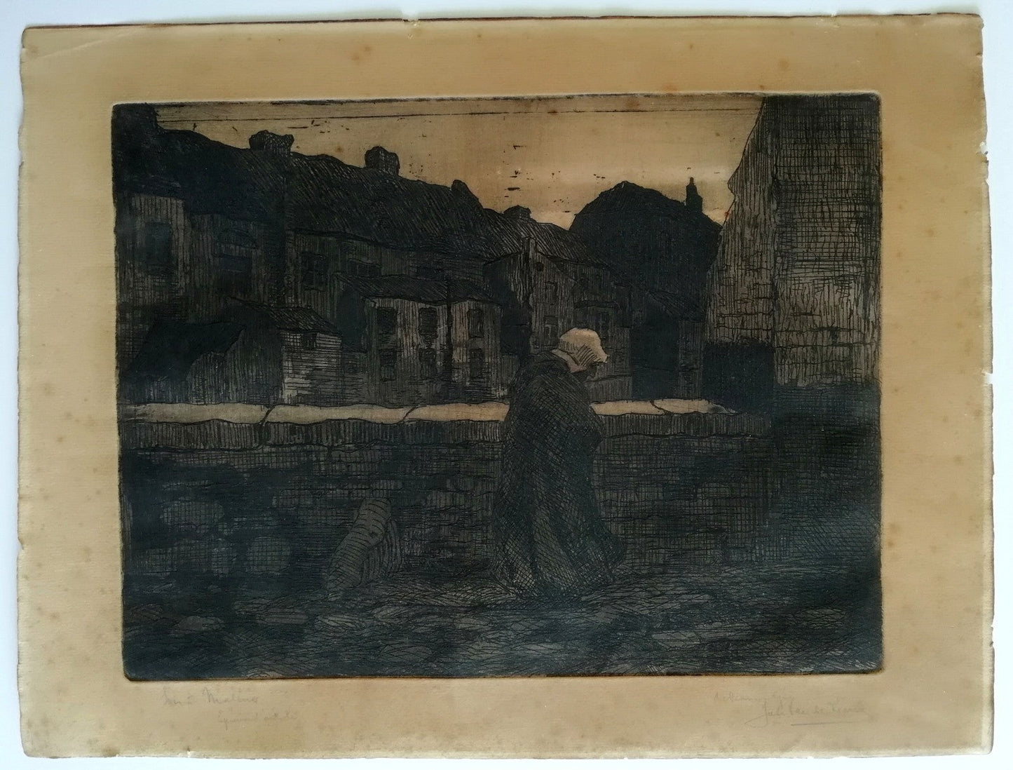 gravure Jules VAN DE LEENE (1887-1962) Soir à Malines signée dédicacée Belgique