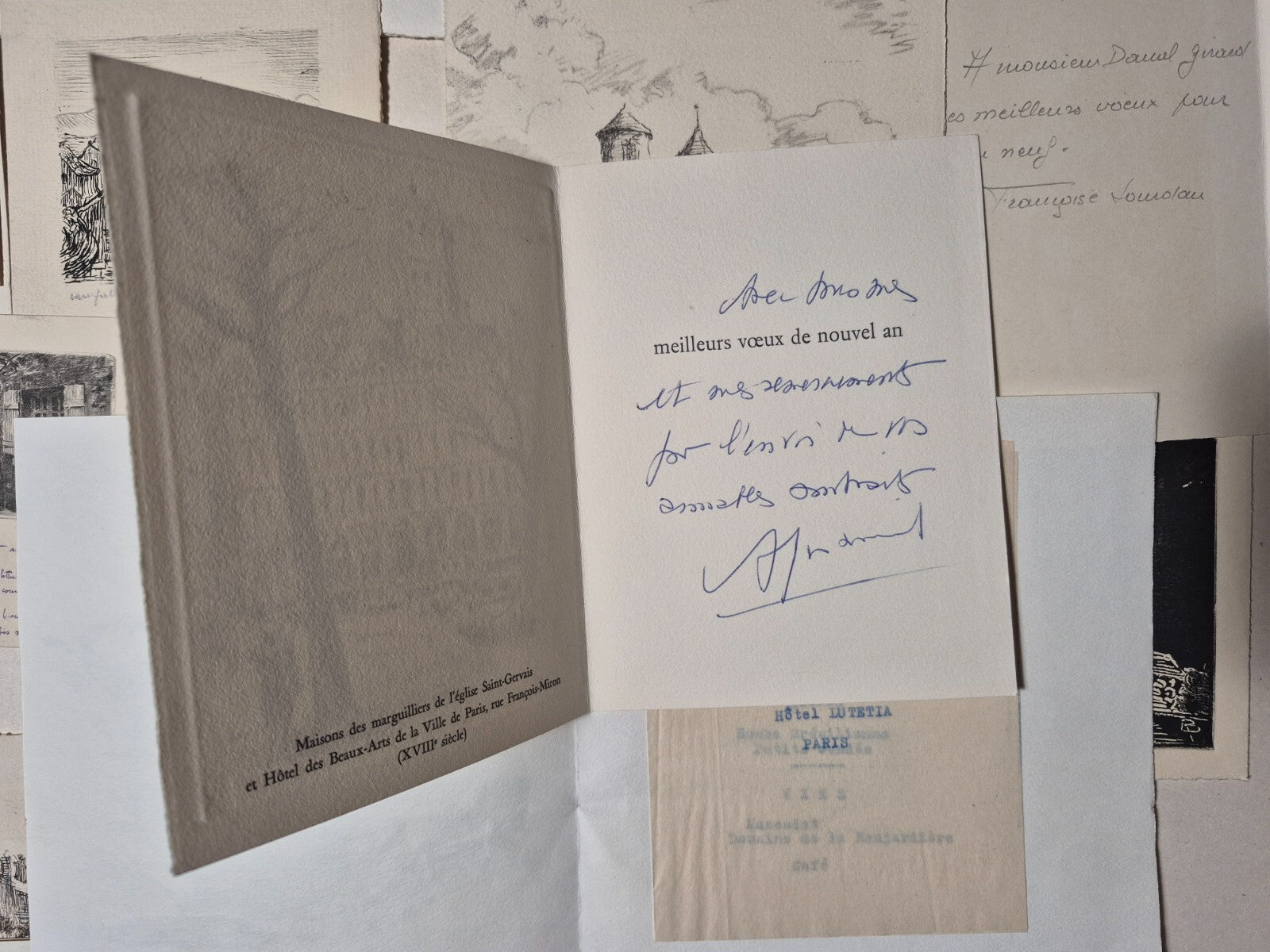 21 cartes vœux gravures plupart signées lithographies envois autographes