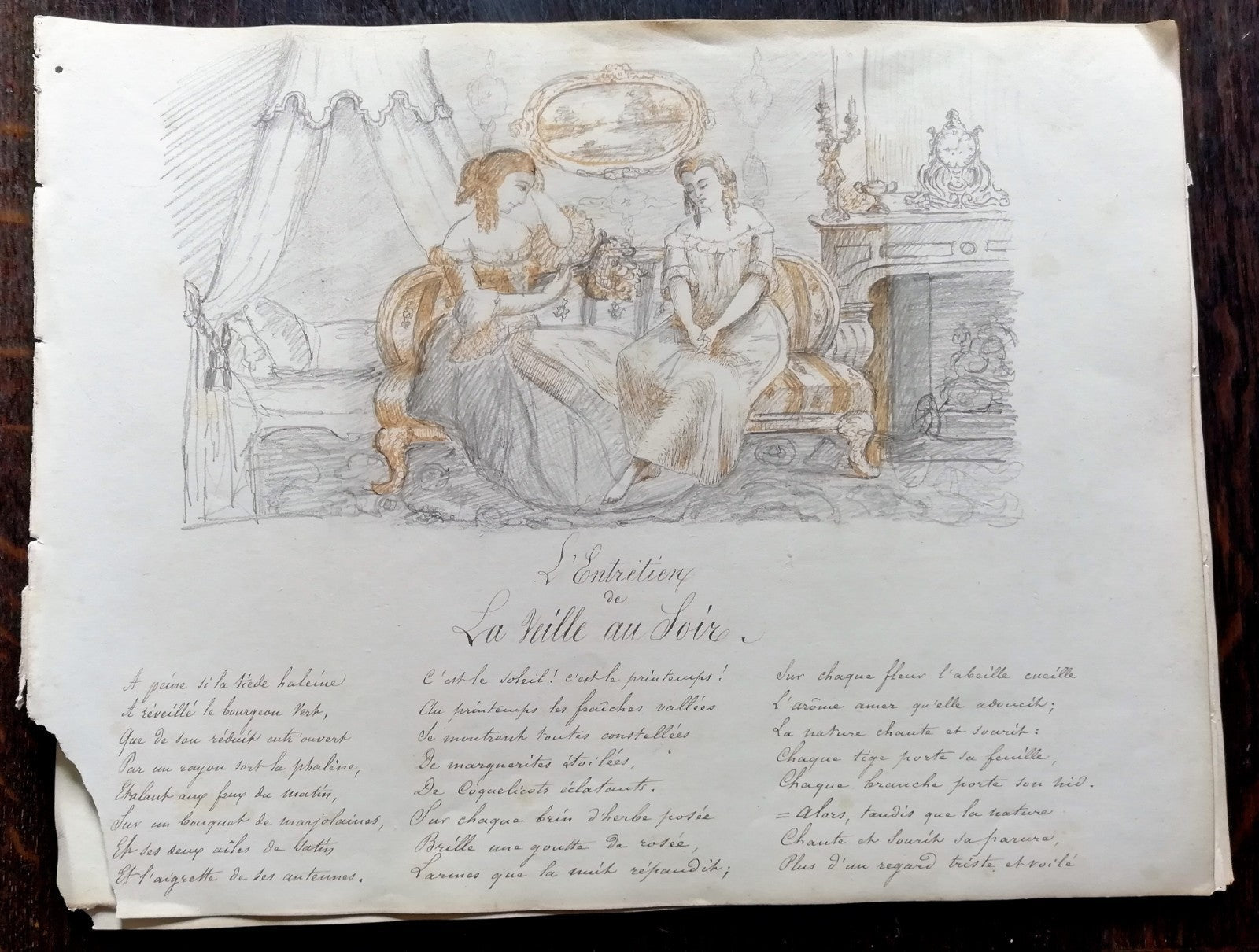 manuscrit entretien fiancée veille illustration dessin milieu du XIXe siècle 