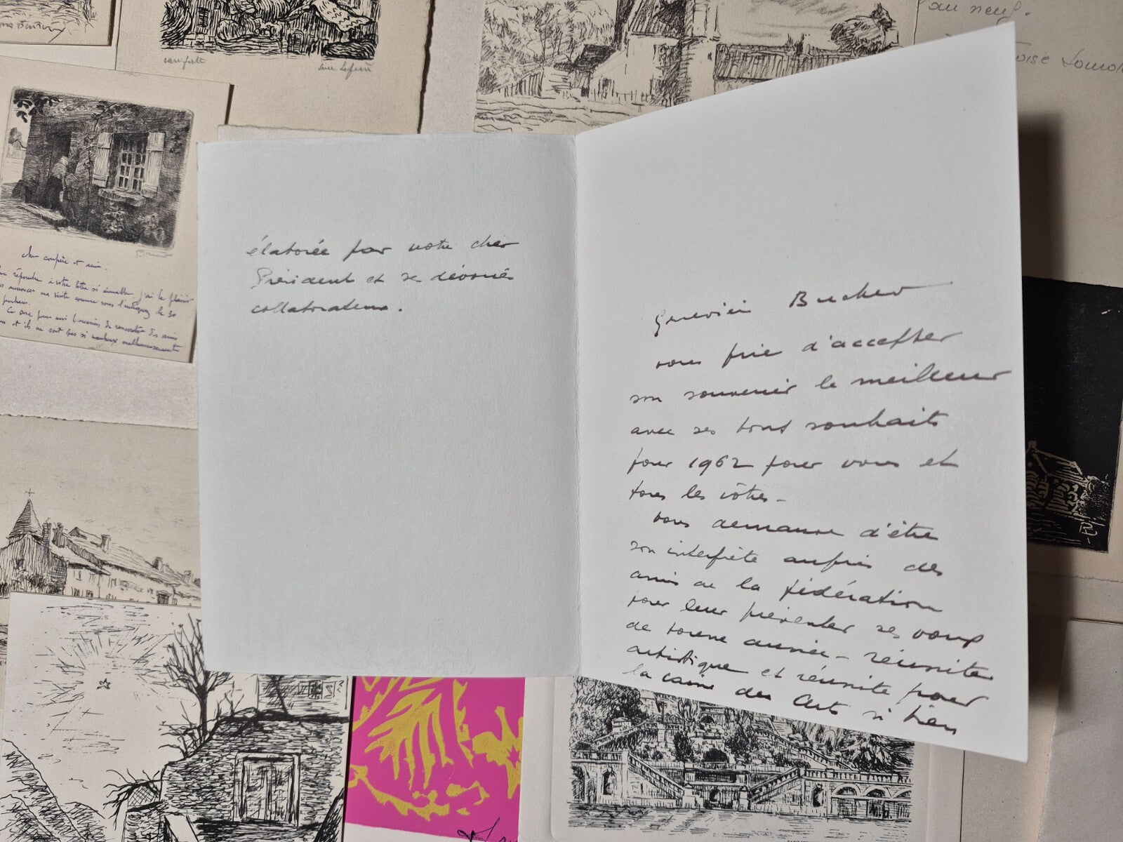 21 cartes vœux gravures plupart signées lithographies envois autographes