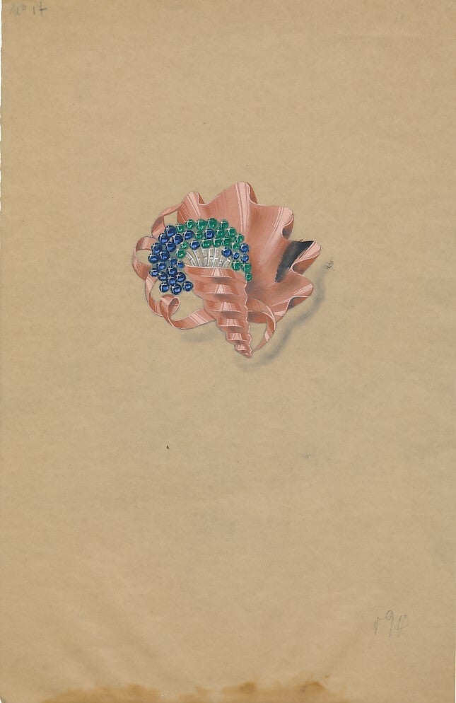 Dessins de gouaches de bijoux : bagues, broche, colliers, années 1940 6 dessins
