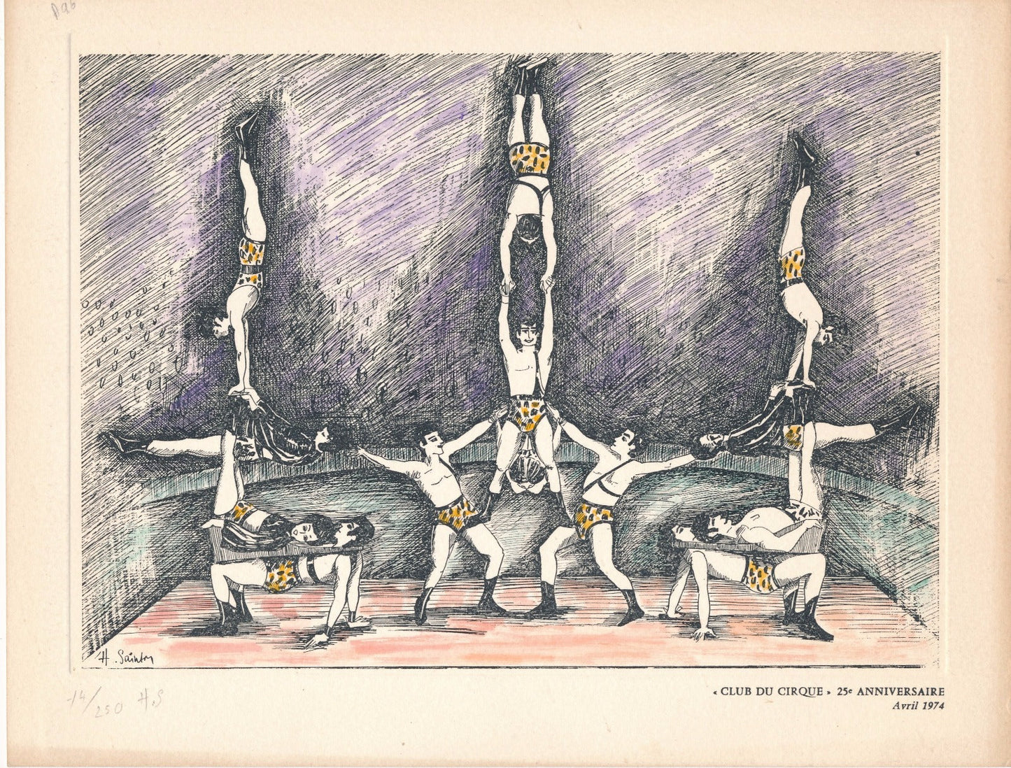 Gravure originale de Huguette Sainson (1929-2011) « Club du cirque » 1974