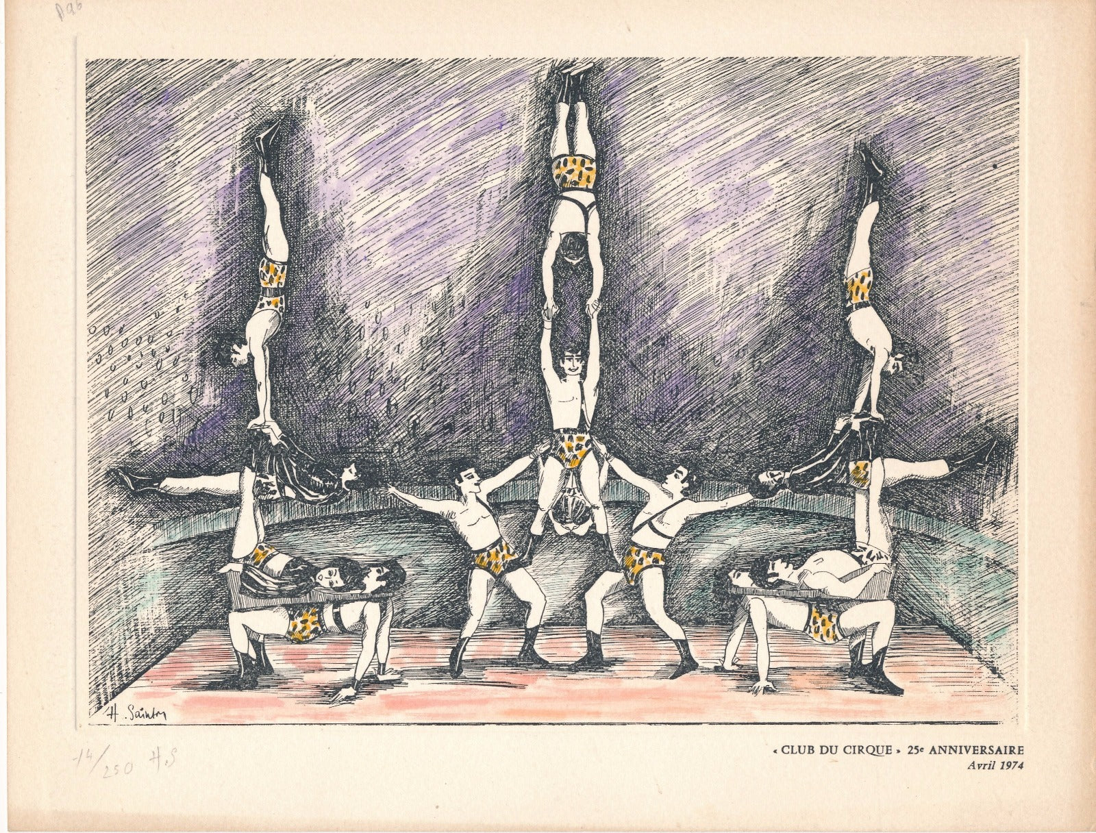 Gravure originale de Huguette Sainson (1929-2011) « Club du cirque » 1974
