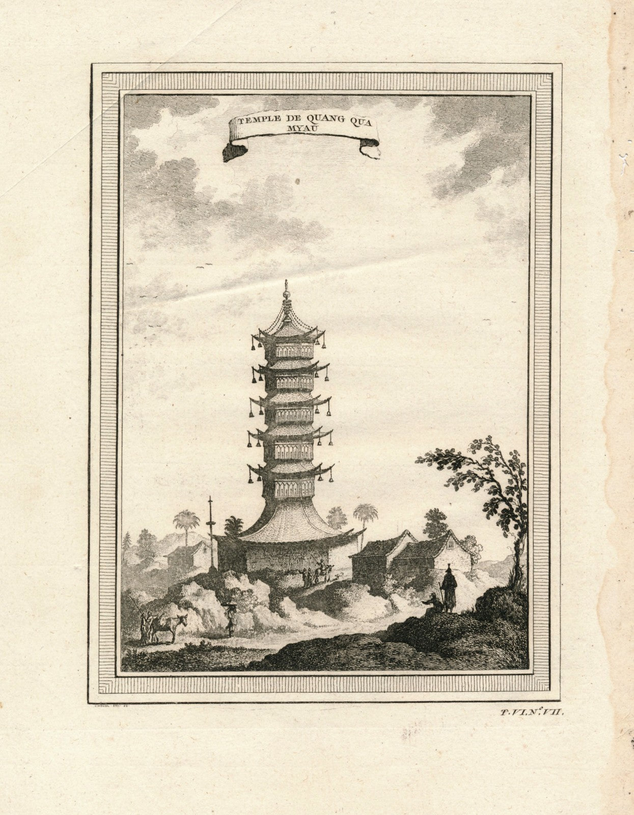 gravure Temple de Quang Qua Myau Chine abbé Prévost Paris 1747-1780
