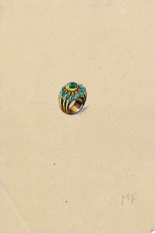 Dessins de gouaches de bijoux : bagues, broche, colliers, années 1940 6 dessins