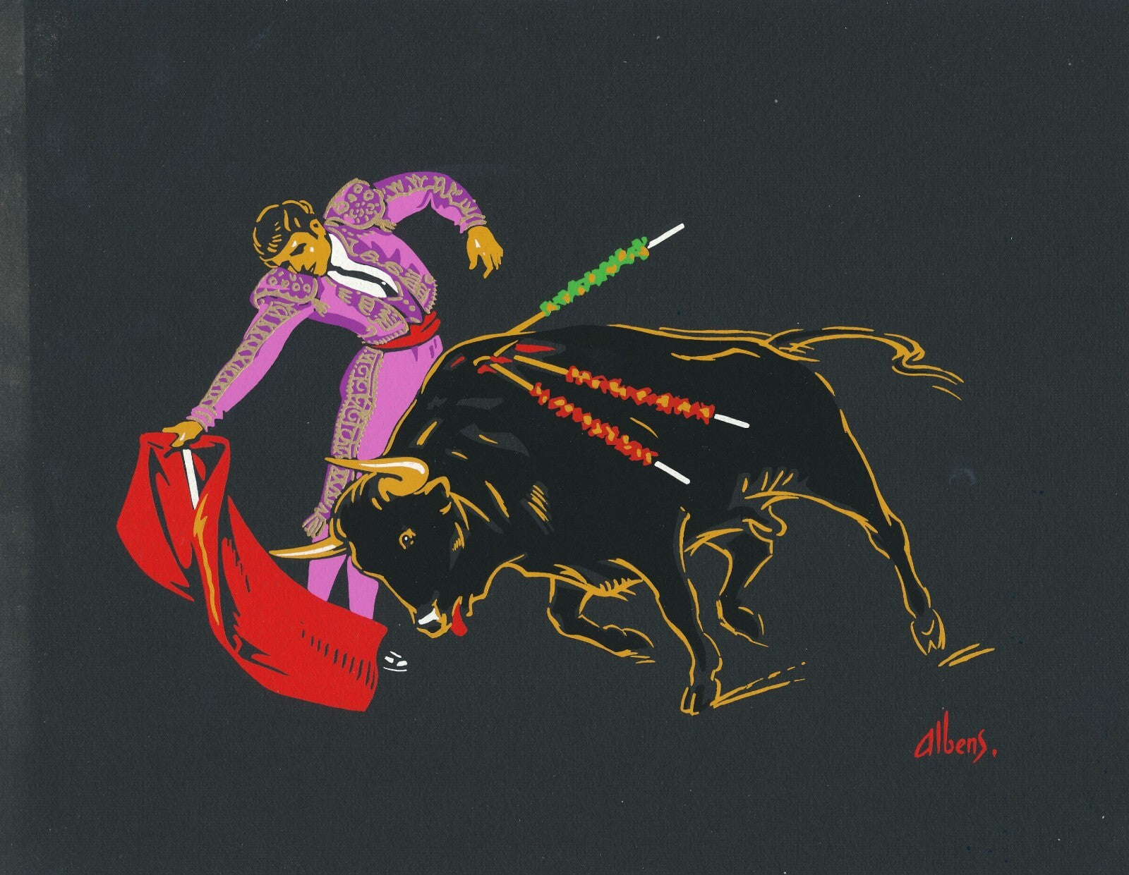 Suite de 4 belles gouaches tauromachie corrida attribution Benjamin Sarraillon