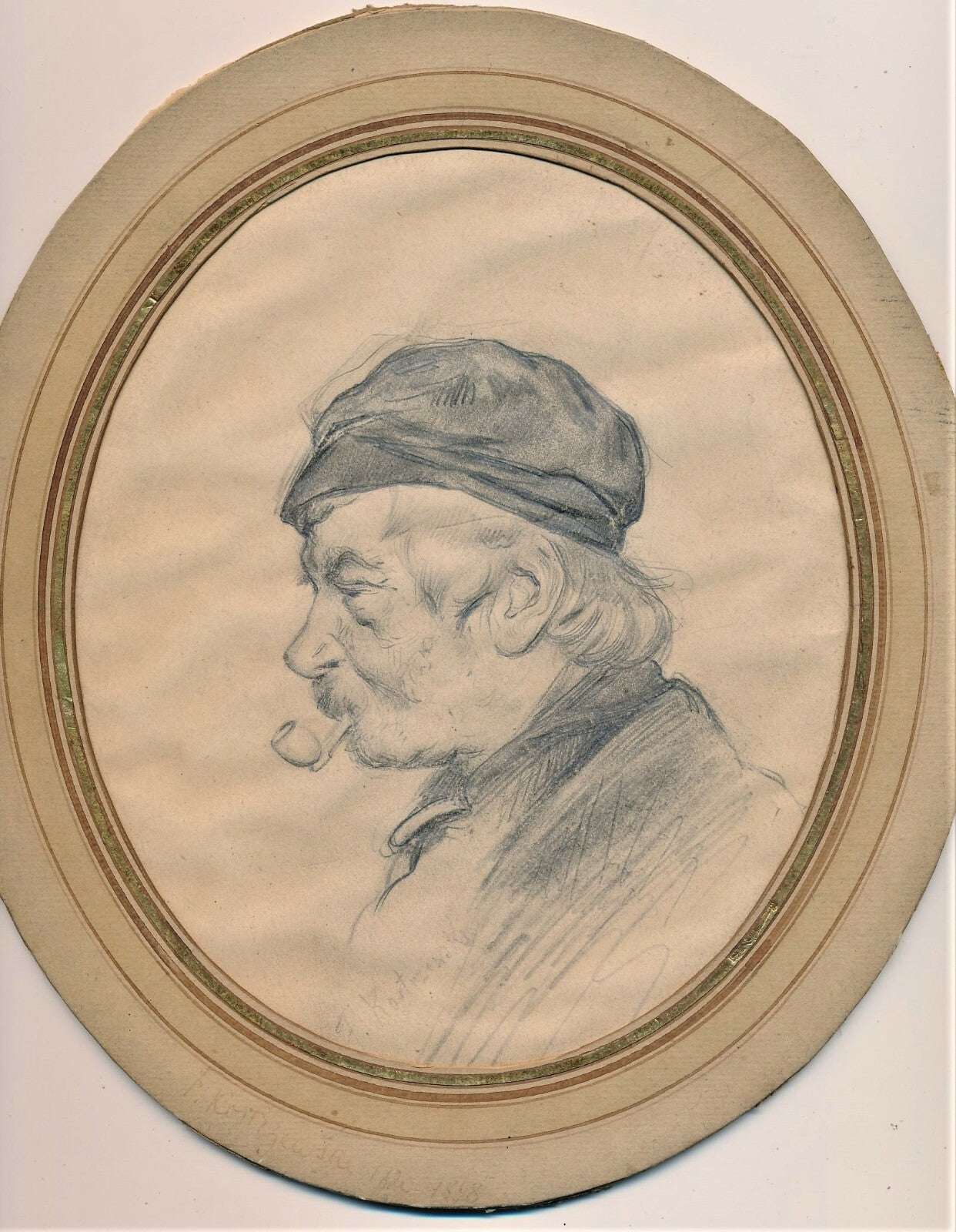 Dessin mine de crayon tête homme vieux pipe fin XIXe siècle