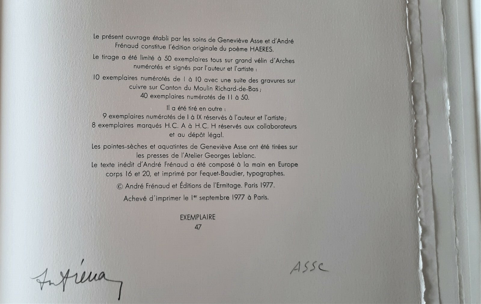 Geneviève ASSE André FRENAUD livre Haeres 8 gravures poèmes 1977